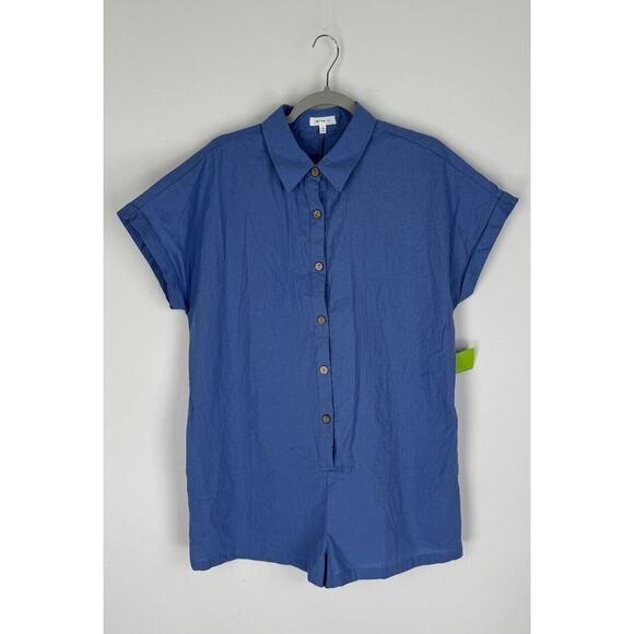Better Be Womens Blue Button Up Short Sleeve Cotton Romper Collared Large NWT - Picture 4 of 13